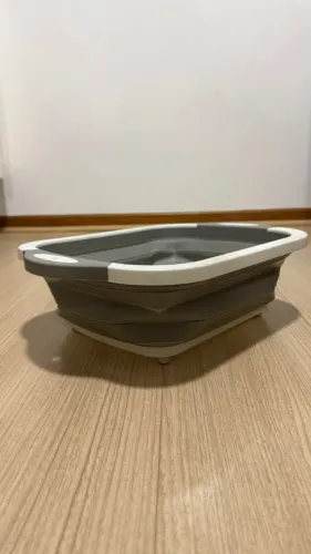 Balde Retratil Silicone Multiuso Branco Cinza Dobravel para Lavanderia Limpeza Armazenar