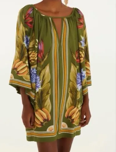 vestido farm manga lenço tropical m