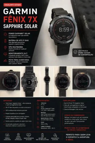 Relógio Garmin Fênix 7x Sapphire Solar Titanium Impecável (Usado)