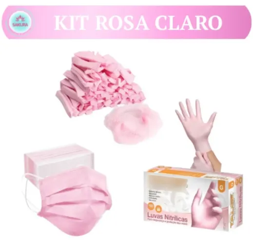 Kit Rosa 100 luvas nitrilicas + 100 toucas TNT + 50 máscara tripla com elástico