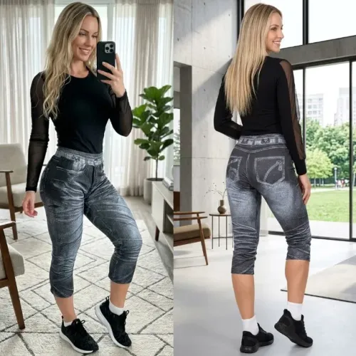 Calça legging corsário suplex estampa jeans feminina