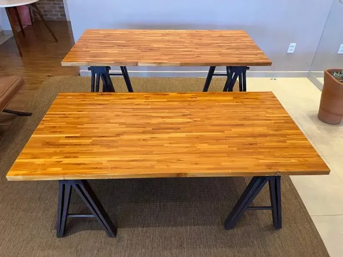 Mesa Industrial de Luxo Teca Maciça e Cavaletes em Aço Corten (2 un)