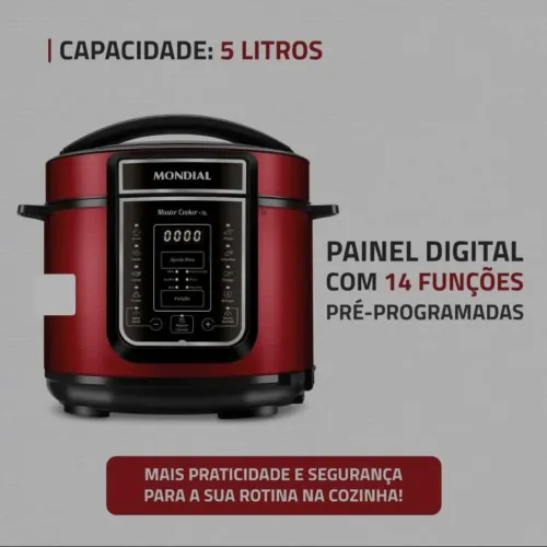 Panela de Pressão Elétrica Digital Mondial 5L Vermelha/Inox - Estado de Nova