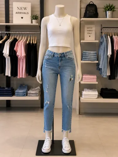 Calça jeans Revanche 38, com rasgos.