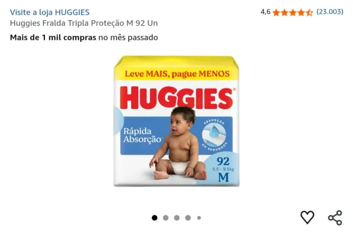 Fralda Huggies M /87 unidades - pacote de 92 aberto - Motivo : minha bebê não se deu