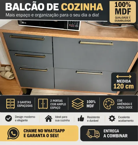 Balcão de cozinho 120 cm syrah 2 portas 3 gavetas 100% MDF amêndoa cinza Rio doce