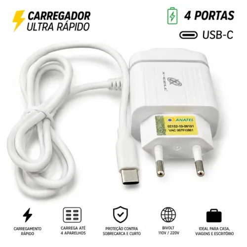 Carregador Turbo 4 USB 1 Tipo C Carregamento Rápido Universal Samsung Motorola Xiaomi iPho
