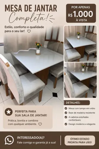 Mesa 4 cadeiras tampo de vidro