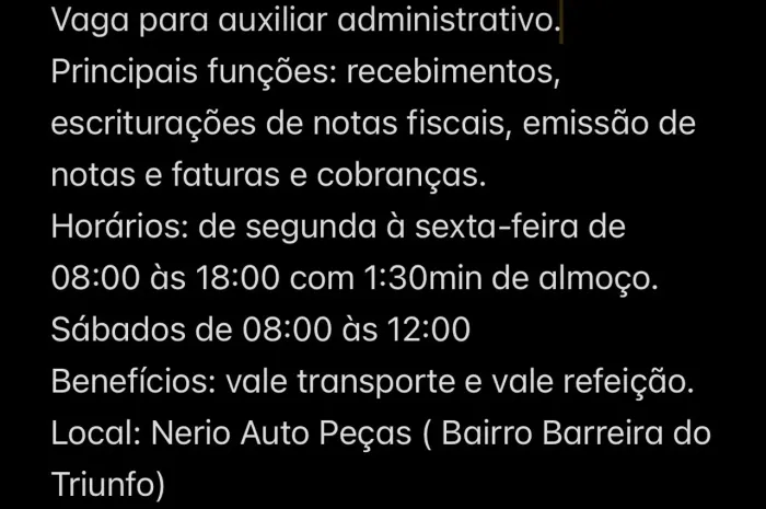 Vaga para auxiliar administrativo ( preferencialmente do sexo feminino)