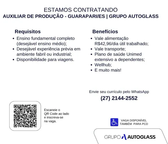 Auxiliar de Produção - Guarapari/ES | Grupo Autoglass