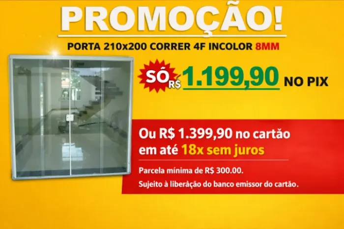 PORTA 210x200 4 FLS VIDRO INCOLOR 8MM TEMPERADO R$ 1.199,90 DINHEIRO OU PIX