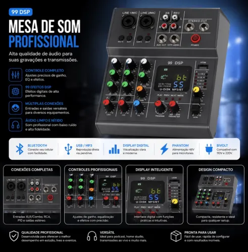 mesa de som compacta de 4 canais com interface USB, Bluetooth e efeitos digitais 99 DSP