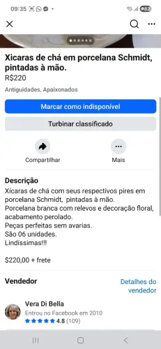  Xícaras de chá Schmidt com os respectivos pires. Pintadas a mão. Peças perfeitas. 6 unid.