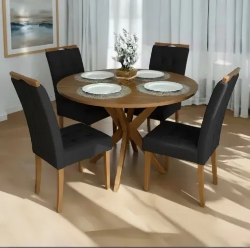 Conjunto Luna Redondo 108 Cinamomo com 4 Cadeiras Veludo Preto