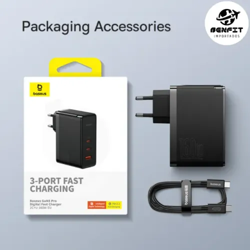 Carregador de Parede Baseus 140W Gan5 Pro + Cabo 100W 1M