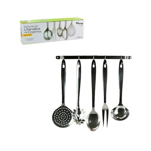 Conjunto De Utensílios Para Cozinha Inox Com Suporte De Parede