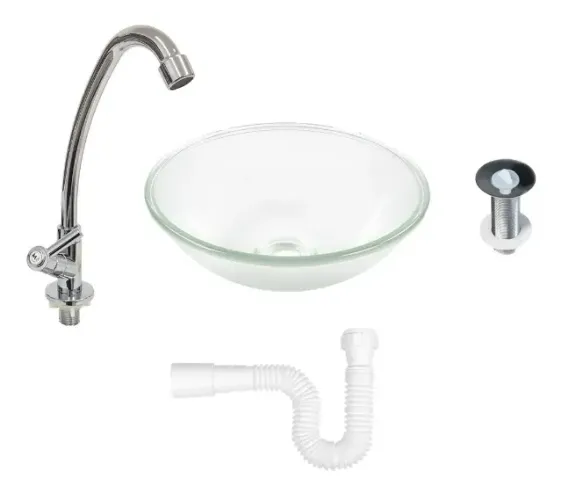 Kit Cuba de Vidro Redonda 35cm Transparente + Válvula + Torneira + Sifão Frete Grátis