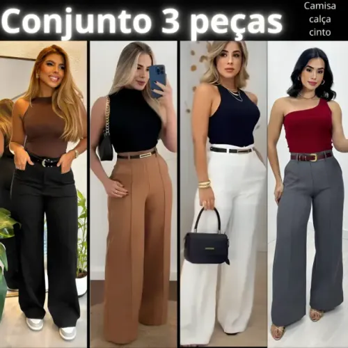 Conjunto feminino 3 peças calça pantalona cropped regata e cinto para trabalhar