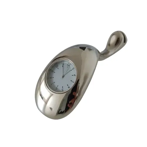 Antigo relógio porta cartão de mesa metal formato baleia com rabo articulável