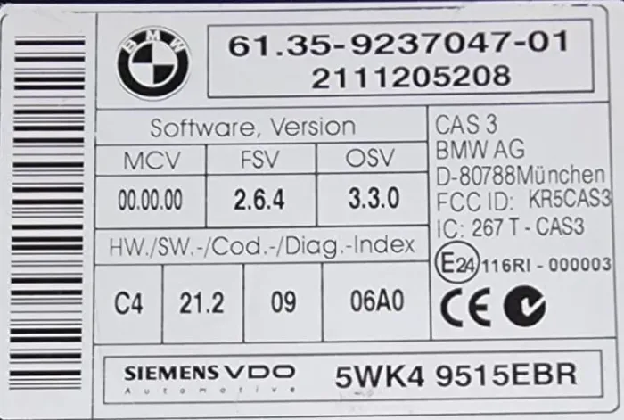  Módulo CAS 3 BMW 61.35 9237047 01.