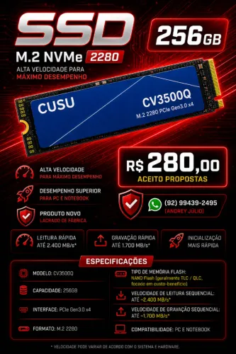 SSD NVMe M.2 256GB CUSU CV3500Q - NOVO (Lacre/Sem Uso) High Speed