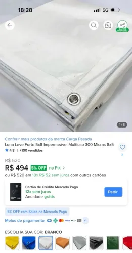 Lona 8X5 mts cor Branca zerada e nunca usada