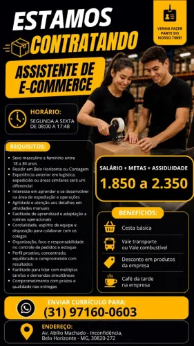 VAGA DE EMPREGO ESTAMOS CONTRATANDO ASSISTENTE DE E-COMMERCE