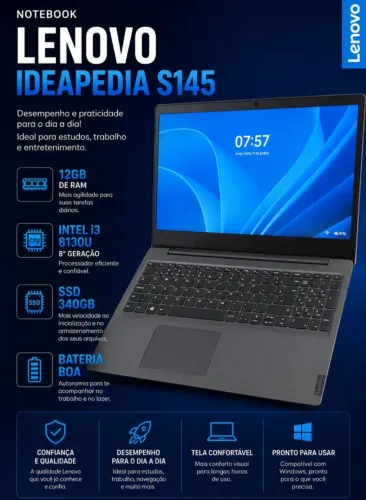 Notebook Lenovo Ideapedia S145 12gb de ram, i3 8° geração, Ssd 340gb