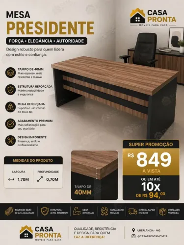 Mesa Presidente Escritório 1,70m Tampo 40mm Premium