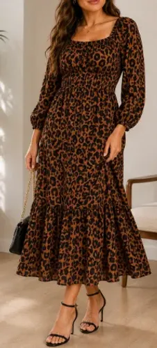 Vestido Longo Animal Print Onça Manga Longa - Tamanho M