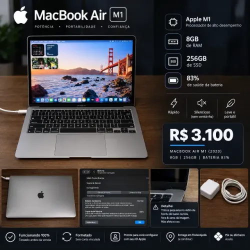 MacBook Air M1 2020 8GB RAM 256GB SSD - Bateria 83%