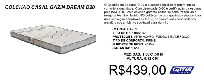 Colchão casal espuma d20 gazin preço imperdivel - temos a pronta entrega 