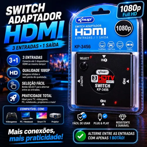 Switch adaptador HDMI 3 entradas 1 saída