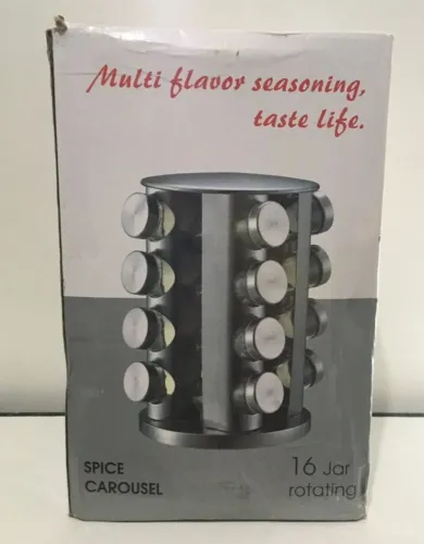 Porta Temperos Giratório em Inox 16 Potes e Conjunto de 3 Potes Herméticos de Vidro