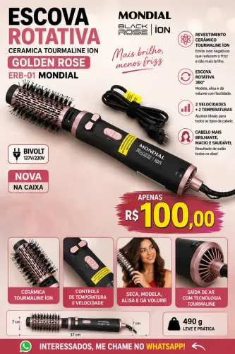 ESCOVA ROTATIVA CERAMICA TOURMALINE ION GOLDEN ROSE ERB-01 MONDIAL
