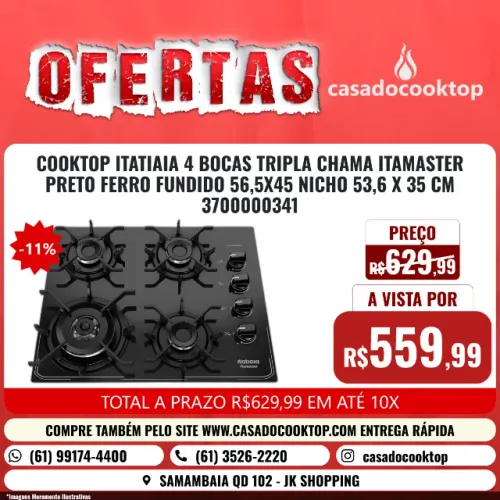 COOKTOP ITATIAIA 4 BOCAS TRIPLA CHAMA ITAMASTER PRETO FERRO FUNDIDO 56,5x45 NICHO 53,6 X 3