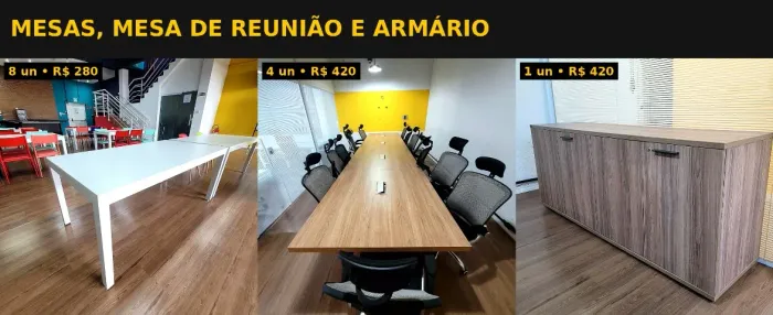 8 mesas brancas 1,80x0,90 + mesa de reunião 5,40m (4 módulos) + armário