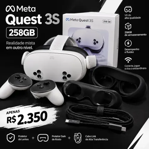 META QUEST 3S 258GB CABO LINK E PROTETOR