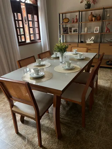 Mesa de jantar tampo de vidro Off White 