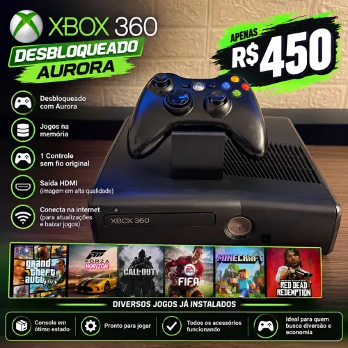 Xbox 360 Slim Desbloqueado RGH + Aurora | Jogos na Memória + Controle