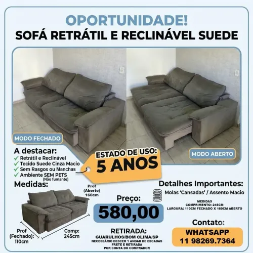 Sofá retrátil e reclinável em suede USADO