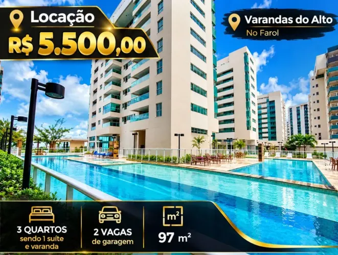 Alugo Apto de 97 M2 com 3 quartos sendo 1 suíte+ 2 vagas de garagem no Farol