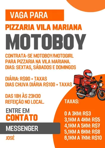Contrata-se motoboy/motogirl para pizzaria na Vila Mariana