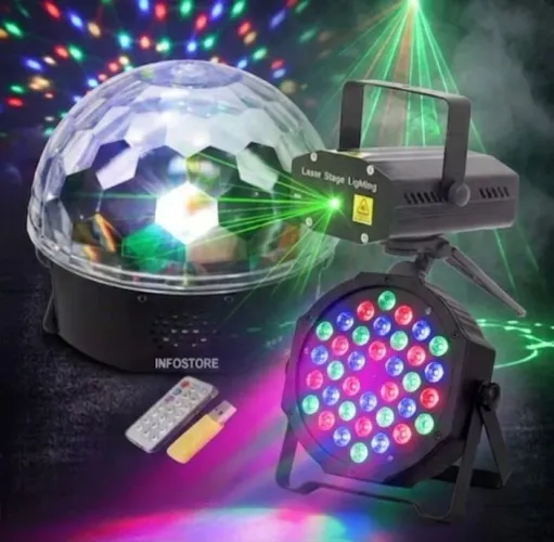 Kit Boate Globo RGB giratório USB Bluetooth Strobo Canhão RGB Branco Laser Ritimico