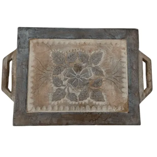 BANDEJA DE MADEIRA ENTALHADA A MÃO - ESTILO RUSTICO/VINTAGE DECORATIVO