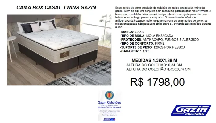Cama Box - Colchão +box Gazin com pillow top - Entrega GRATIS