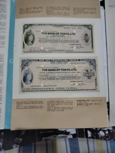 Pasta promocional contendo espécimes de "Traveller's Cheques  The Bank of Tokyo,. 1974/75