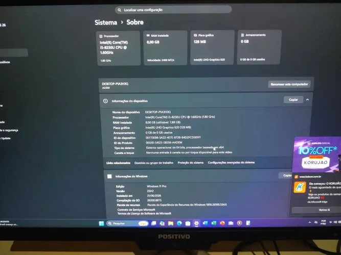CPU positivo ALL on i5 8250u + 8 GB memória ddr 4+ vme 256 falar *11 wtz