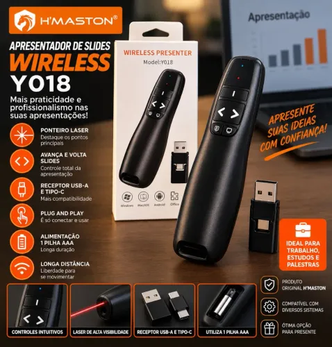Apresentador de Slides Wireless Y018 com Laser e Receptor USB/Tipo-C