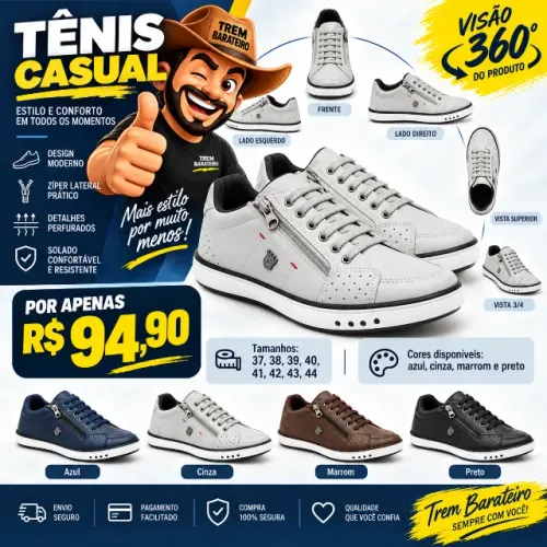 Tênis Casual Masculino com Zíper Lateral - Várias Cores e Tamanhos